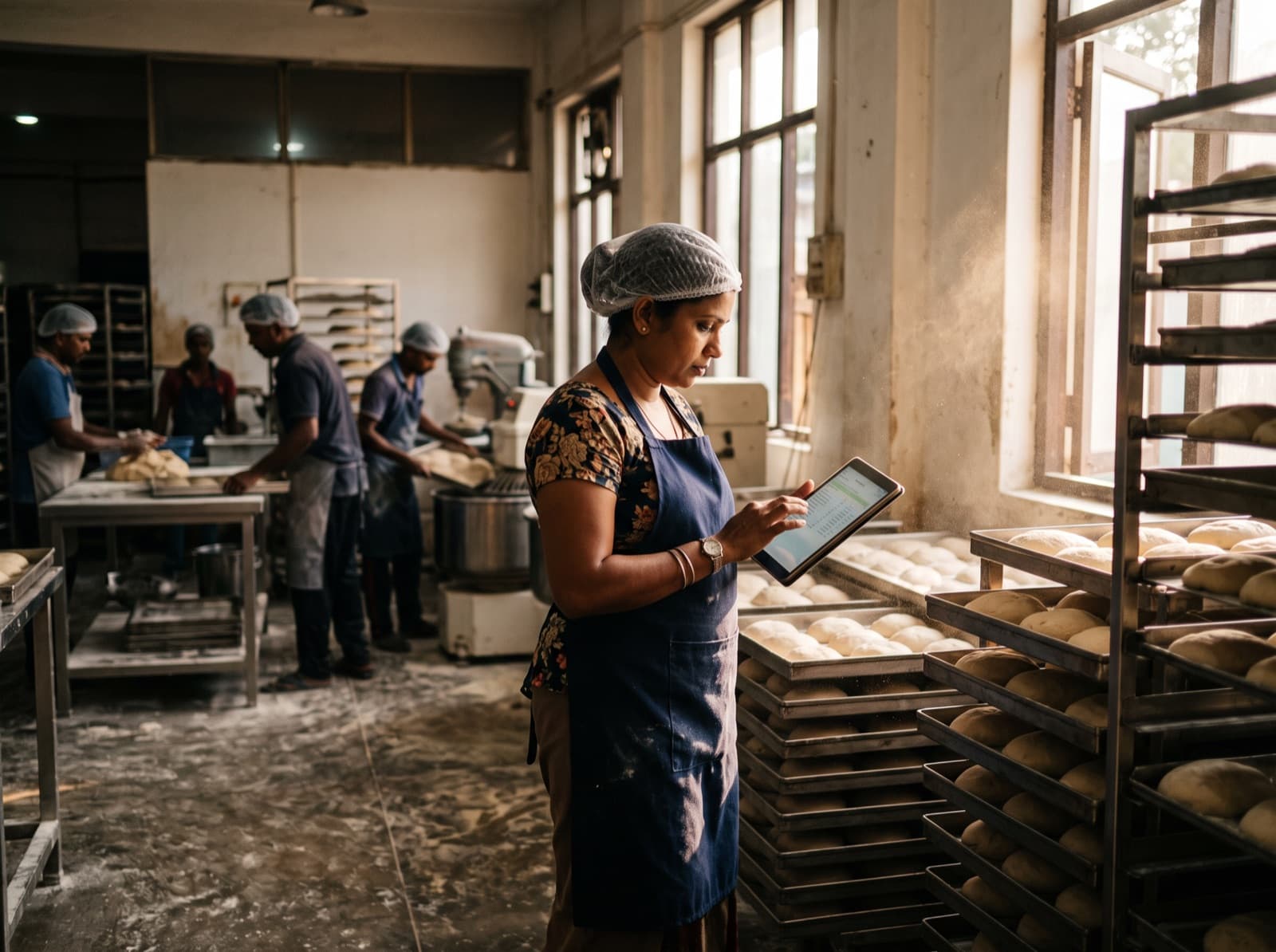 A production supervisor checks a batch sheet on a tablet beside proving racks on a Sri Lankan bakery floor.