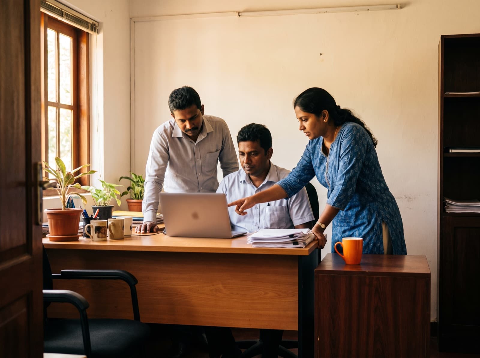 A small office team gathered around a laptop mid-conversation.