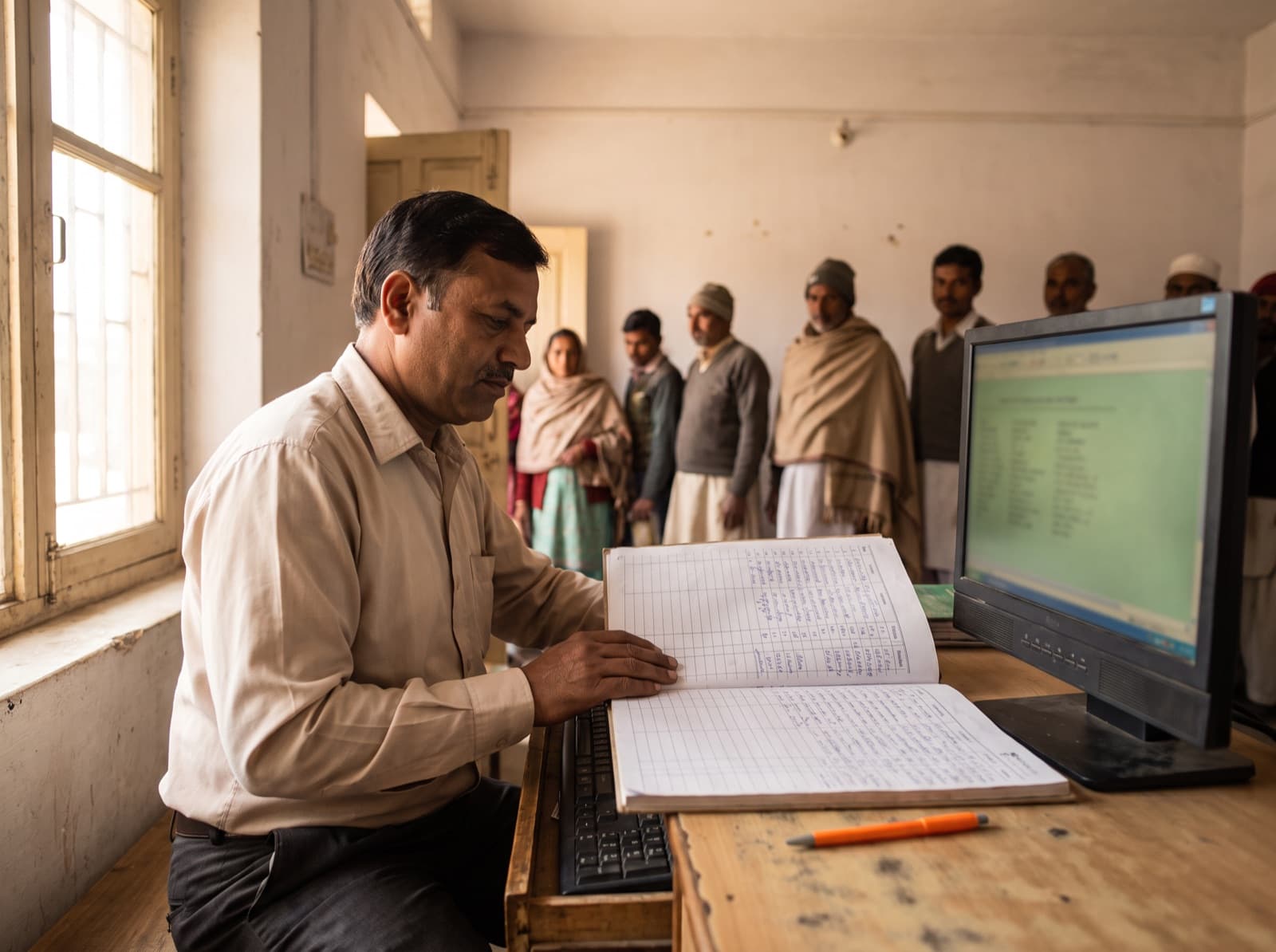 A microfinance branch officer reviewing a ledger at the counter.