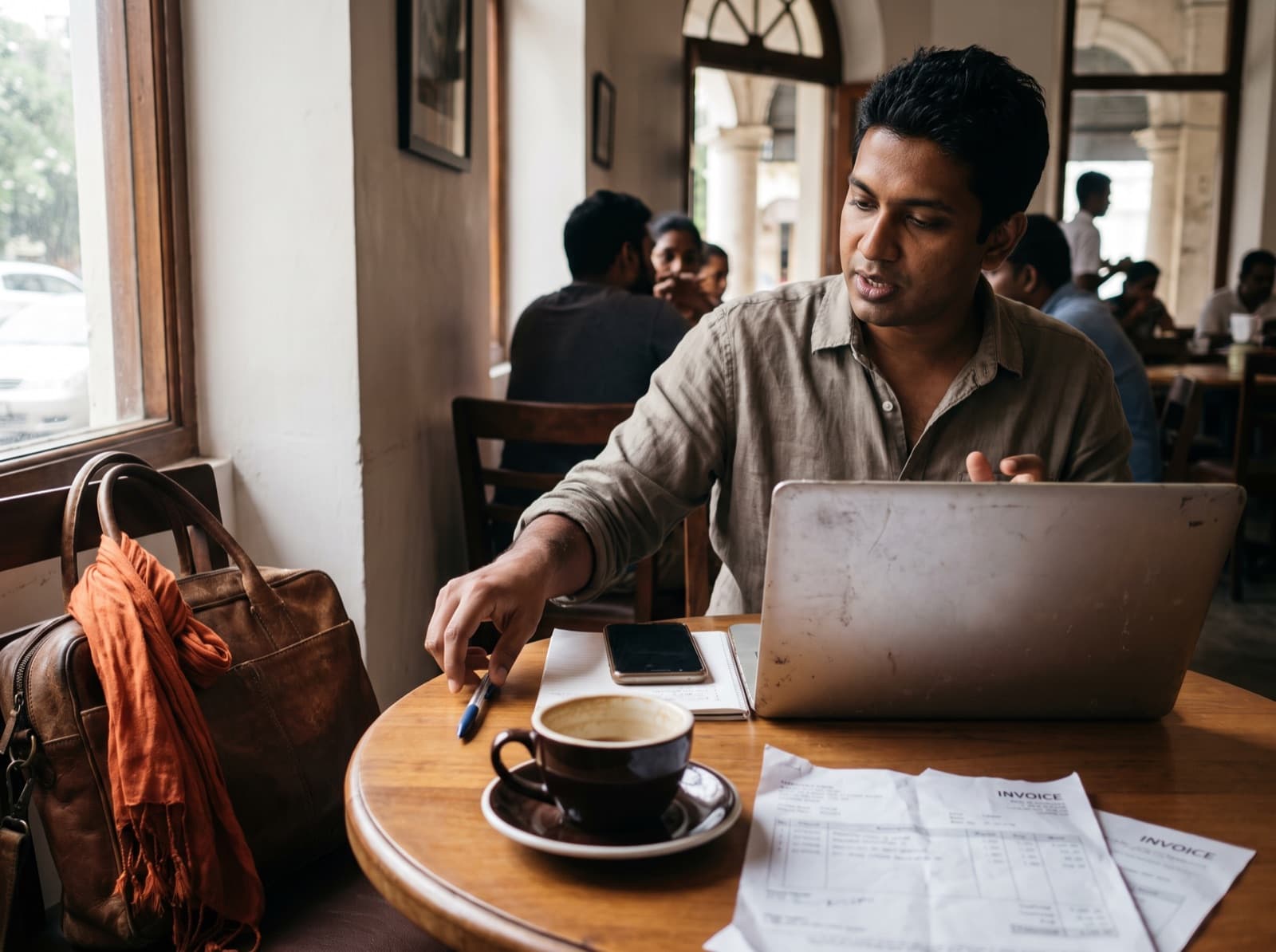 A freelancer invoicing from a laptop at a Colombo cafe table.