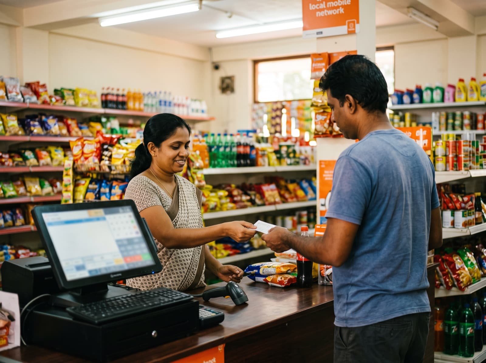 A cashier handing a receipt across a shop counter.